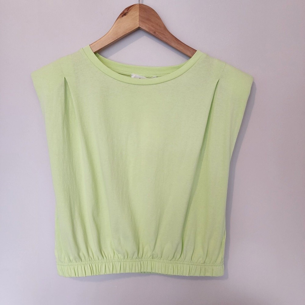 Elodi Cropped Tank Top Size M Shoulder Padded Elastic Waist Crewneck Lime Green